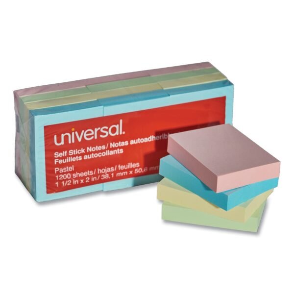 Universal Self-Stick Note Pads, 1.5" x 2", Assorted Pastel Colors, 100 Sheets/Pad, 12 Pads/Pack (UNV35663)