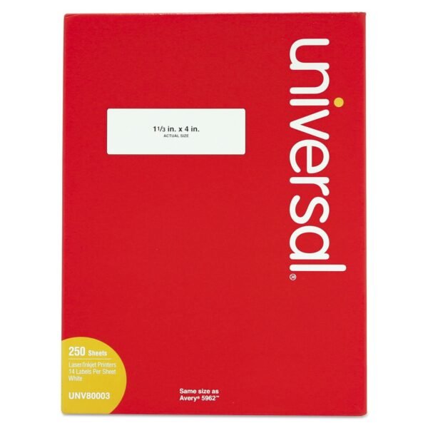 Universal White Labels, Inkjet/Laser Printers, 1.33 x 4, White, 14/Sheet, 250 Sheets/Box (UNV80003)