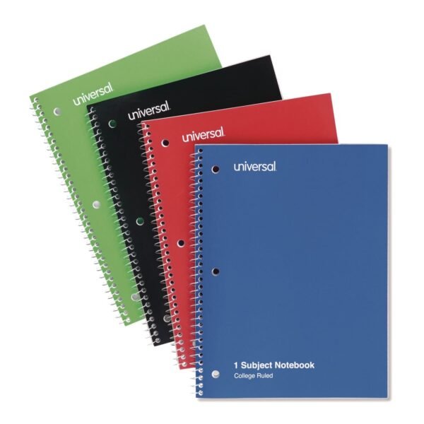 Universal Wirebound Notebook, 1-Subject, Medium/College Rule, Assorted Cover Colors, (70) 10.5 x 8 Sheets, 4/Pack (UNV66614)