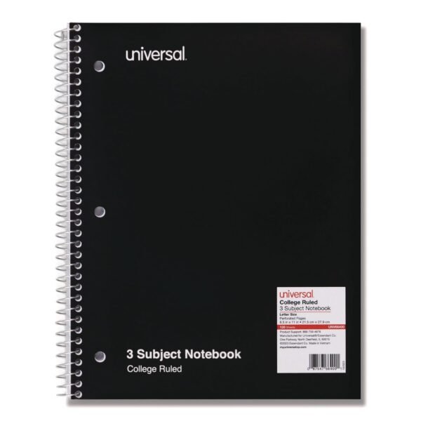 Universal Wirebound Notebook, 3-Subject, Medium/College Rule, Black Cover, (120) 11 x 8.5 Sheets (UNV66400)