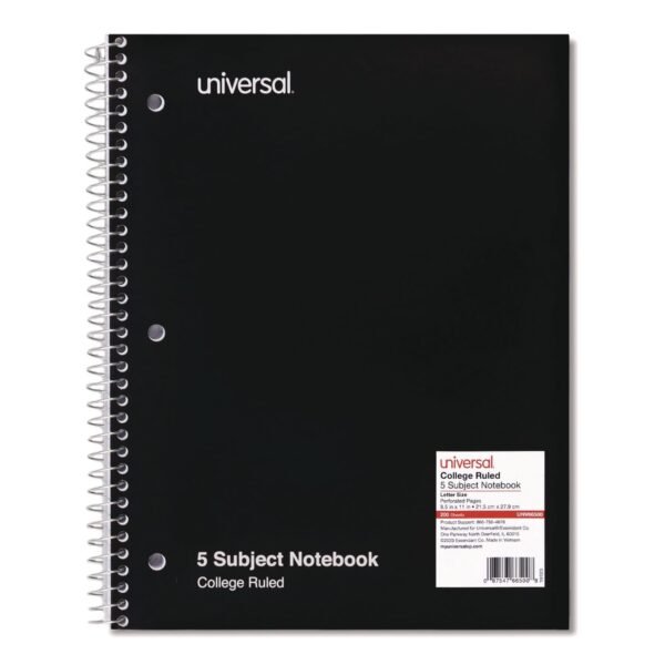 Universal Wirebound Notebook, 5-Subject, Medium/College Rule, Black Cover, (200) 11 x 8.5 Sheets (UNV66500)